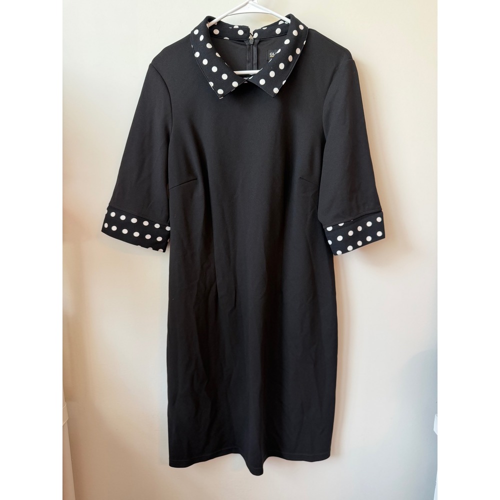 Glamour Womens Black Polka Dot Collar Shift Dress Size 12 Short Sleeve Business